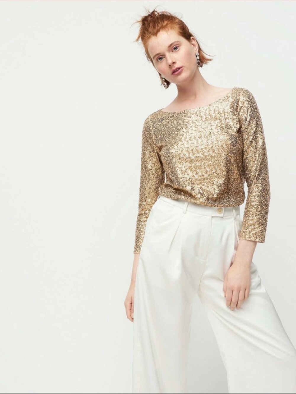J.Crew Champagne Gold Sequin Glimmer Top Boatneck Long Sleeve Size Small